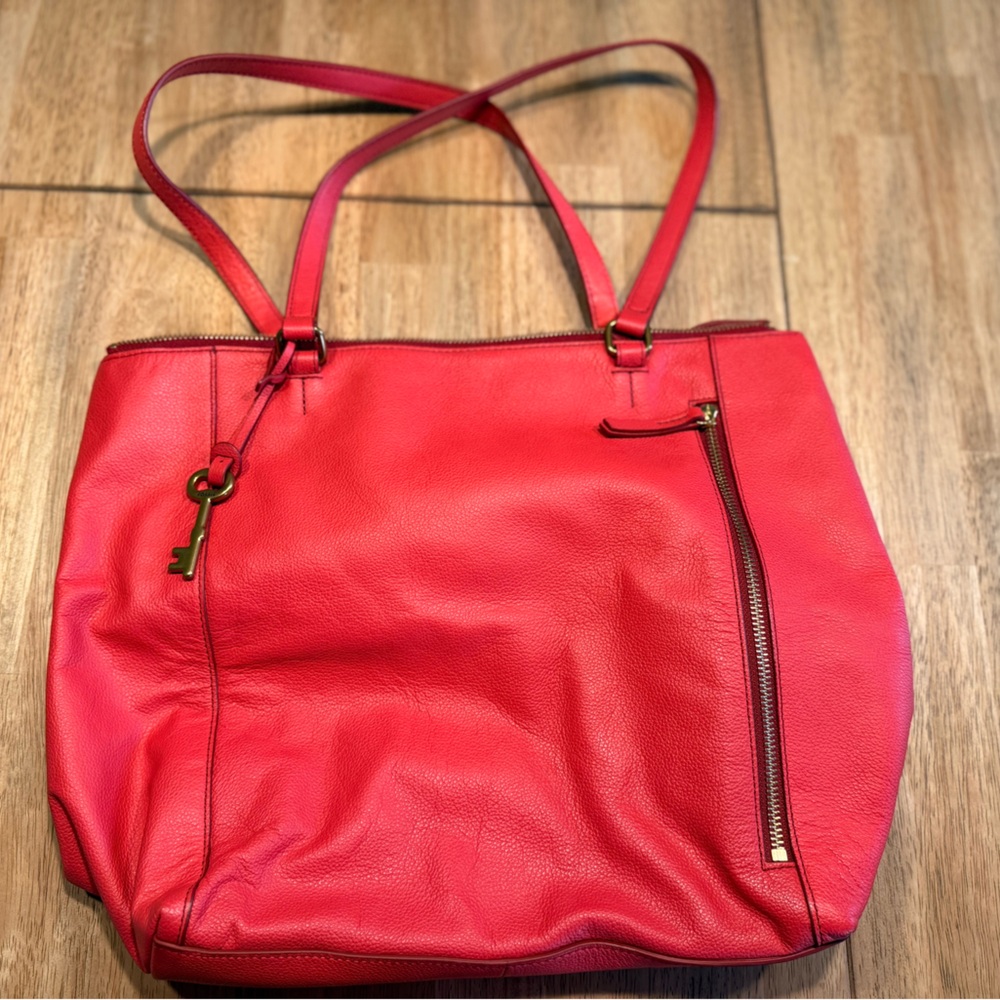 Fossil Red/Orange Leather Tote Bag